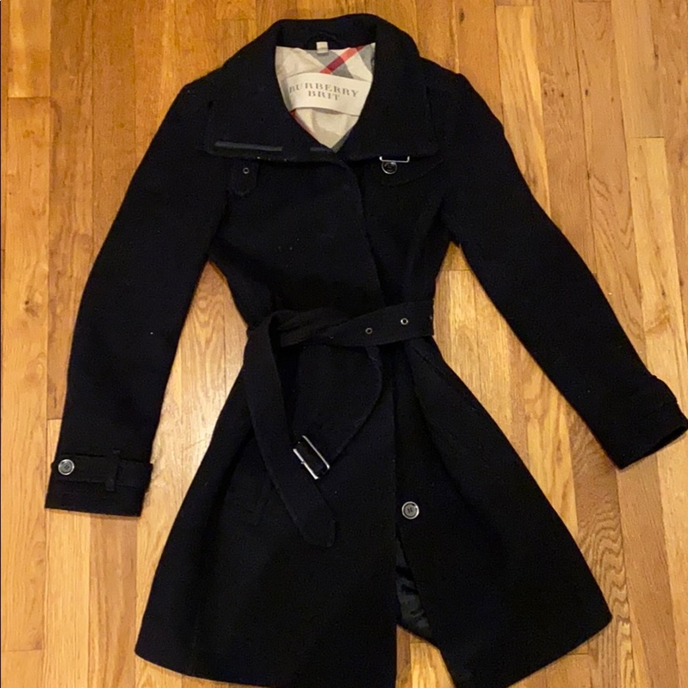 Burberry Brit US Size 4 Black Wool Trench Coat